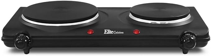Elite Gourmet EDB-302BF# Countertop Double Cast Iron Burner, 1500 Watts Electric Hot Plate, Temperature Controls, Power Indicator Lights, Easy to Clean, Black Cast Double