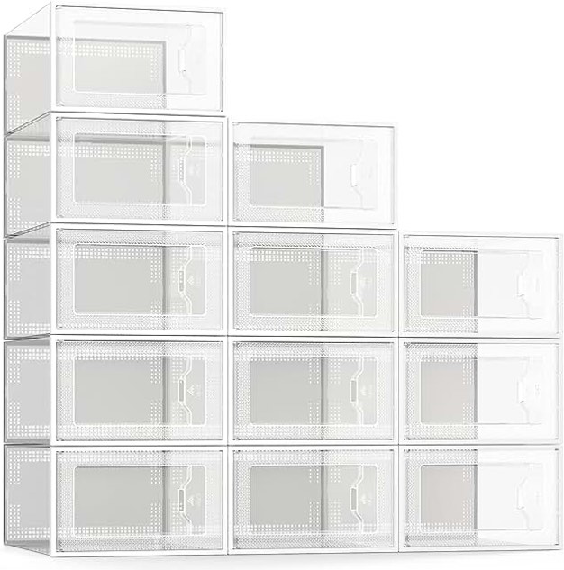 SEE SPRING Large 12 Pack Shoe Storage Box, Clear Plastic Stackable Shoe Organizer for Closet, Space Saving Foldable Shoe Rack Sneaker Container Bin Holder