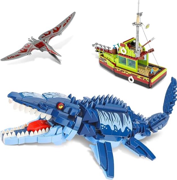 QLT Dinosaurs Mosasaurs Building Set, with Cretaceous Period Pterosaur and Exploring Ship, Dominion Dinosaur Building Toys for Kids and Jurassic Lovers, 888 Pieces with Instructions