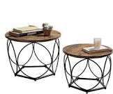 Round Coffee Table, Modern Coffee Table Set of 2 Wooden Surface with Metal Frame, Small Side Table, End Table for Living Room, Bedroom, Home Office, Farmhouse, Rustic Brown and Black