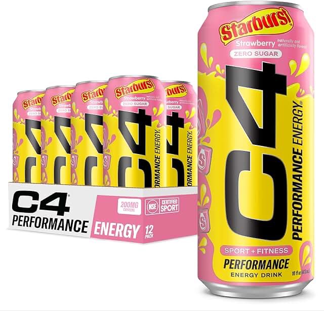 Cellucor C4 Performance Energy Drink | STARBURST Strawberry | Zero Sugar Carbonated Preworkout Energy | 200mg Caffeine with Beta Alanine | 12 Fl Oz (24 Pack)