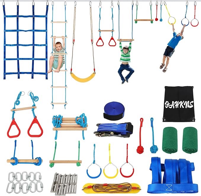 65FT Ninja Warrior Obstacle Course for Kids with 12 Obstacle Course Accessories-Swings, Monkey Bars, Arm Trainers and More, Suitable for Boys and Girls Over 3 Years Old-440 lbs Weight Capacit