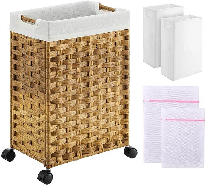 Greenstell Laundry Hamper with Wheels, 22” Slim Laundry Basket with 2 Removable Liner Bags & 2 Mesh Bags, Narrow Dirty Clothes Basket, Handwoven Synthetic Rattan Organizer in Bathroom, Bedroom, Natural