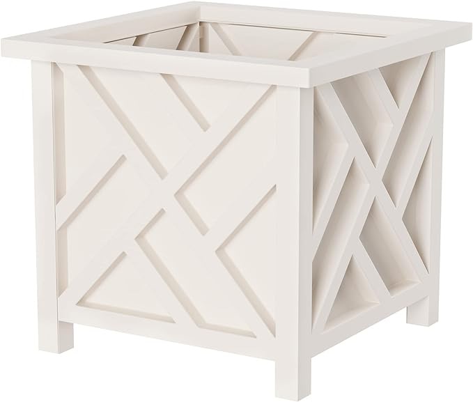 PURE GARDEN PATIO GARDEN ESSENTIALS Lattice Design Planter Box - 14.75-Inch-Square Decorative Outdoor Flower or Plant Pot - Front Porch, Patio, and Garden Decor by Pure Garden (White)