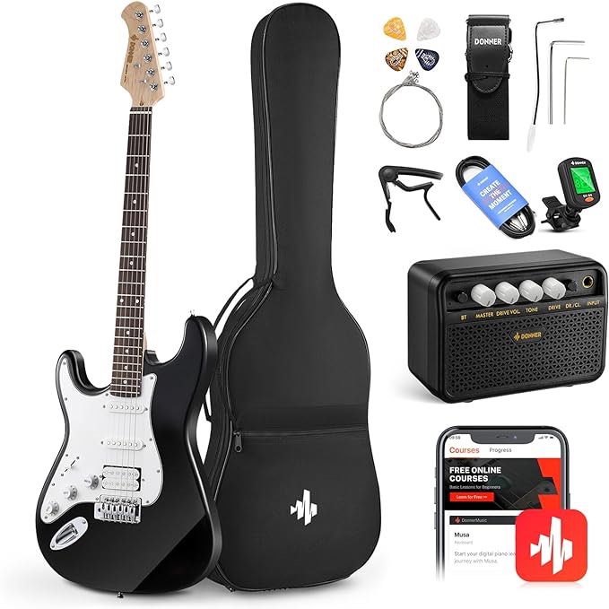 Donner 39 Inch Left-Handed Electric Guitar Kit Solid Body Black Lefty Beginner Set Full-Size with Amplifier Online Lesson Bag Digital Tuner Capo Strap String Cable Picks DST-100BL black 39in Left Handed