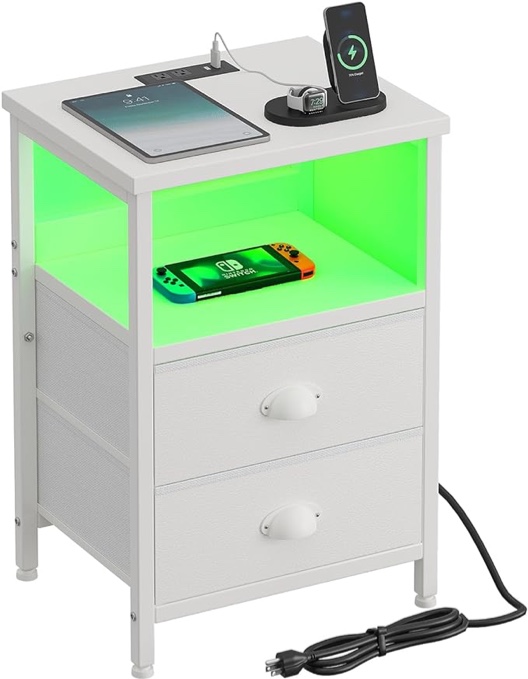 Irontar Nightstand with Charging Station, 2 Drawers Side Table with USB Port and Outlets, Wooden Sofa Side Stand Cabinet, Storage Shelves with Sliding Drawer & Open Storage,White BZZ001WE