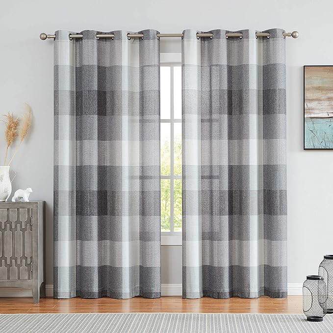 Grey Buffalo Check Window Curtains 84 Inch Long 2 Panels for Bedroom and Living Room Linen Textured Gingham Farmhouse Rustic Semi Sheer Stripe Curtains Light Filtering Grommet Top 52" Wx84 L