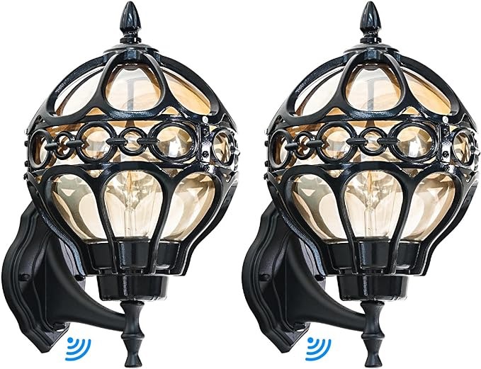  Dusk to Dawn Outdoor Wall Soccer Lamp for Porch Front Door Backyards Patio Farmhouse, Anti-Rust Black Sphere Outside Wall Lanterns, 2 Pack Globe Exterior House Wall Mount Lights Fixtures