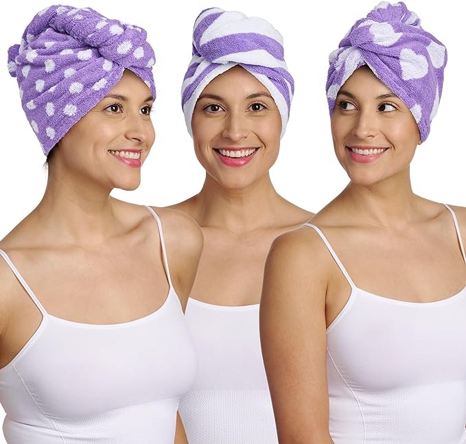 Turbie Twist 100% Cotton Hair Towel Wrap - for Women, Men & Kids - Travel & Bathroom Essential - Quick Dry Hair Turban for Curly, Long & Thick Hair - 1 Polka Dot, 1 Stripe & 1 Heart Pattern - Purple