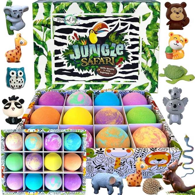 Bath Bombs for Kids with Surprise Inside, 12 Organic Bubble Bath Fizzies with Jungle Animal Toys. Moisturizing, Gentle and Kids Safe, Rainbow Spa Bath Fizz Ball, Birthday Gifts for Kids, Boys, Girls