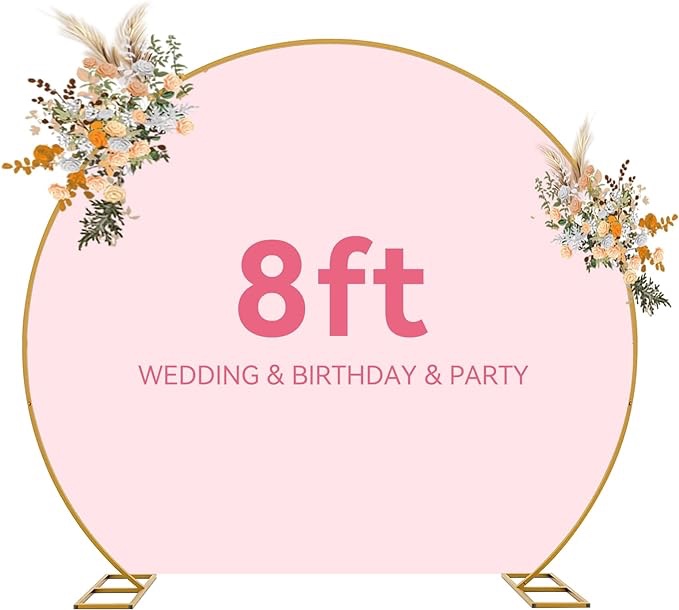 8FT Wedding Arch Round Backdrop Stand Gold Metal Circle Balloon Arch Frame Stand with Base for Wedding Ceremony Birthday Party Bridal Shower Anniversary Candy Tables Christmas Decoration