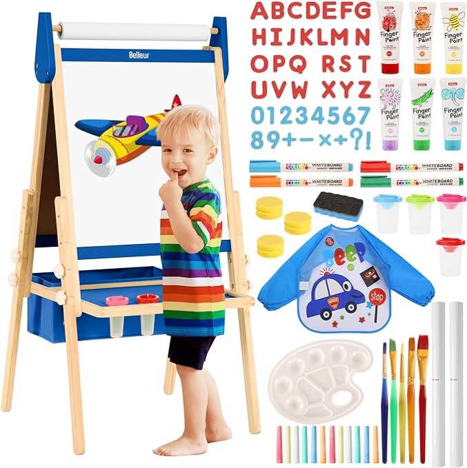 Belleur All-in-One Art Easel for Kids with 2 Paper Rolls & Deluxe Accessories, Adjustable Magnetic Double Sided Whiteboard & Chalkboard, Painting Kid Easel for Toddlers 2-8, Ideal Christmas Gift Blue