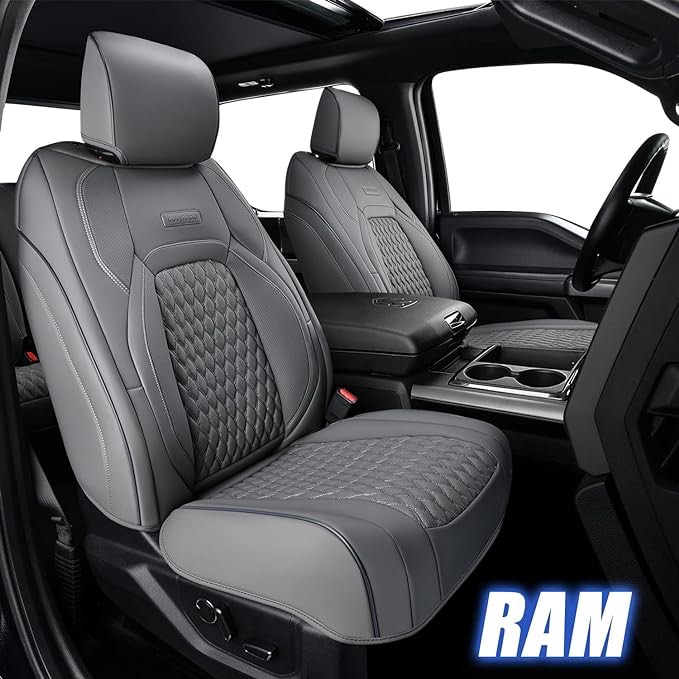 Truck Seat Covers Dodge Ram 1500, Full Coverage Leather Car Seat Protector Luxury Interior for 2002-2022 Ram 1500 2500 3500 Crew Mega Cab Bighorn Laramie Rebel TRX Express(Full Set/Gray)
