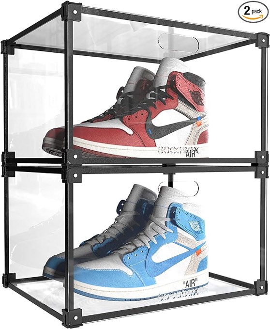 Shoe Box,Stackable Clear Plastic Shoe Box with lids, As Shoe Storage Box and Shoe Organizer,For Display Sneakers,Shoe Containers Fit up to US Size 13(Assembly Hammer Included) - 2 Pack