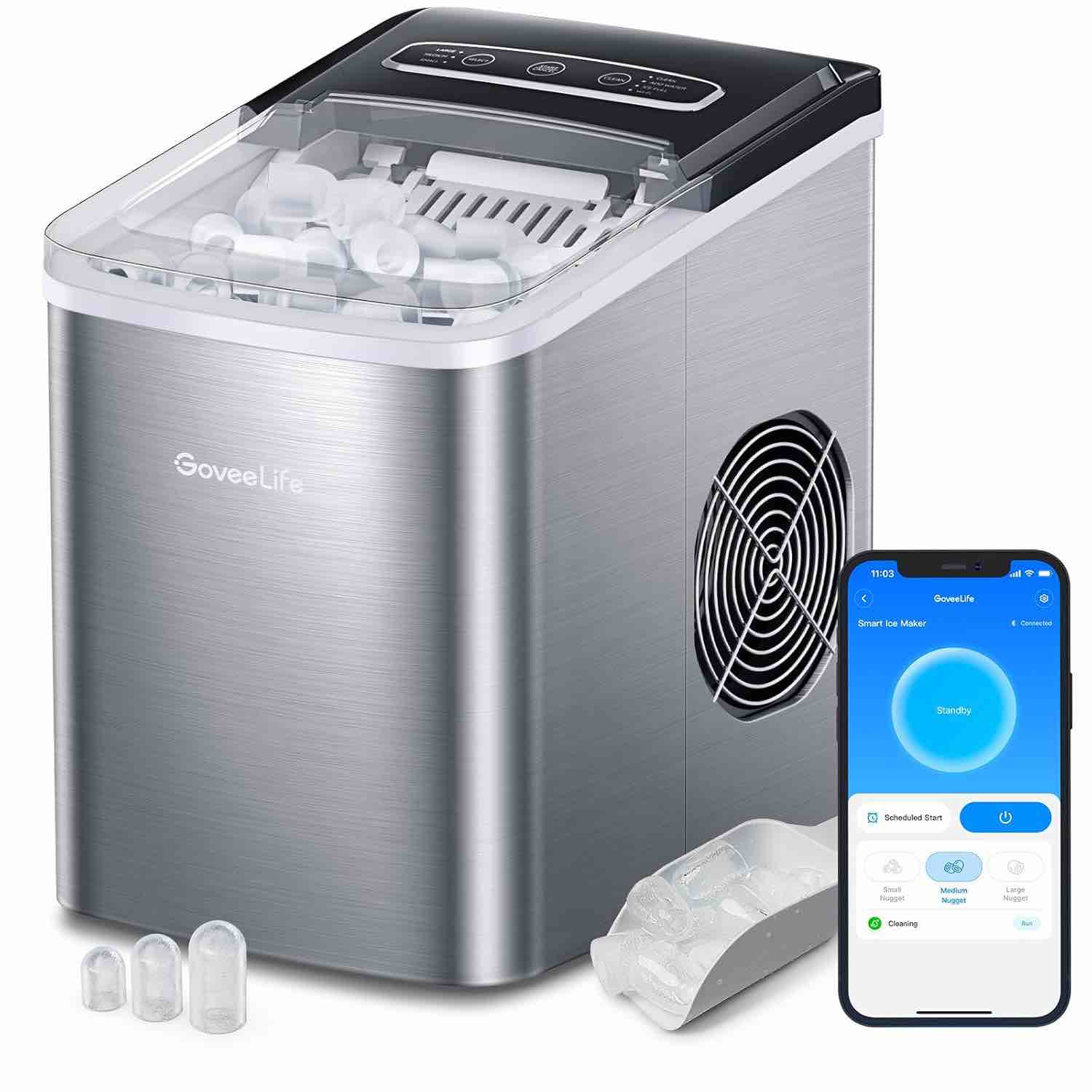 GoveeLife Smart Ice Makers, Portable Countertop Ice Maker Machine with Self-Cleaning, 6 Mins 9 Bullet Ice, 26lbs/24Hrs, Voice Remote for Home Kitchen Party Camping, with Ice Scoop Stainless Silver
