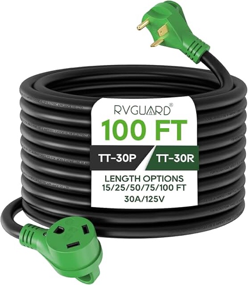 RVGUARD 30 Amp 100 Foot RV Extension Cord, Heavy Duty 10/3 Gauge STW Cord with LED Power Indicator and Cord Organizer, TT-30P/R Standard Plug, Green, ETL Listed