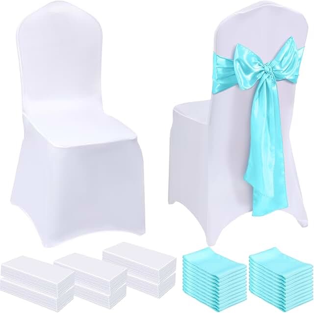 Mepase 100 Pcs Wedding White Chair Covers Stretch Spandex Chair Covers Decorative Elastic Chair Sash Folding Silk Chair Bows for Wedding Banquet Dining Kitchen Party Decoration (Royal Blue, White)