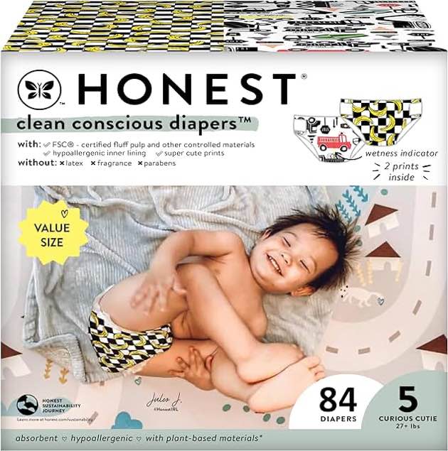 The Honest Company Clean Conscious Diapers | Plant-Based, Sustainable | Big Trucks + So Bananas | Super Club Box, Size 5 (27+ lbs), 100 Count