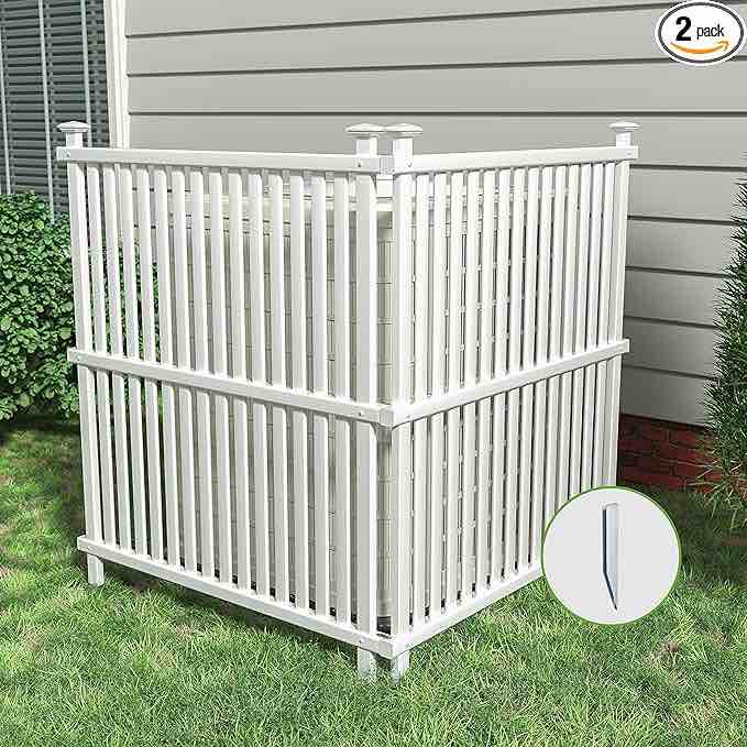 48 "H x 42 "W Air Conditioner Fence Privacy Screen ?Trash Can Screen Enclosure Hide Outside White Vinyl Fence Panels Pool Equipment Enclosure with Metal Stakes for Outdoor, 2 Plastic Panels