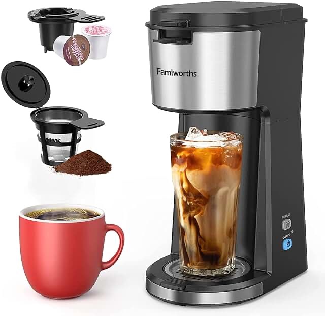 Famiworths Upgraded Hot and Iced Coffee Maker for K Cups and Ground Coffee, 4-5 Cups Coffee Maker and Single-serve Brewers, with 30Oz Removable Water Reservoir, 6 to 24Oz Cup Size, Classic Black