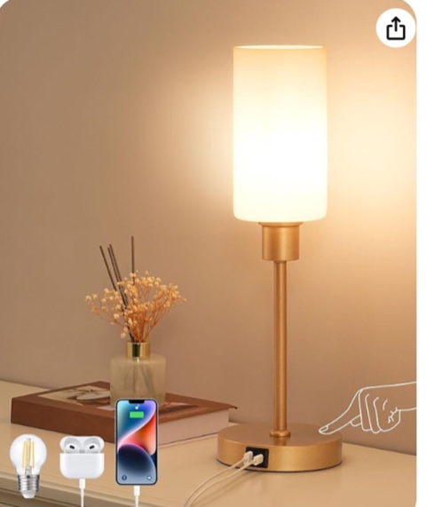 EDISHINE 19" Glass Table Lamp with Touch Control, Modern Bedside Lamp, 3-Stage Dimmable & USB-A+Type-C Charging Ports, Nightstand Lamp for Living Room, Bedroom (Gold)