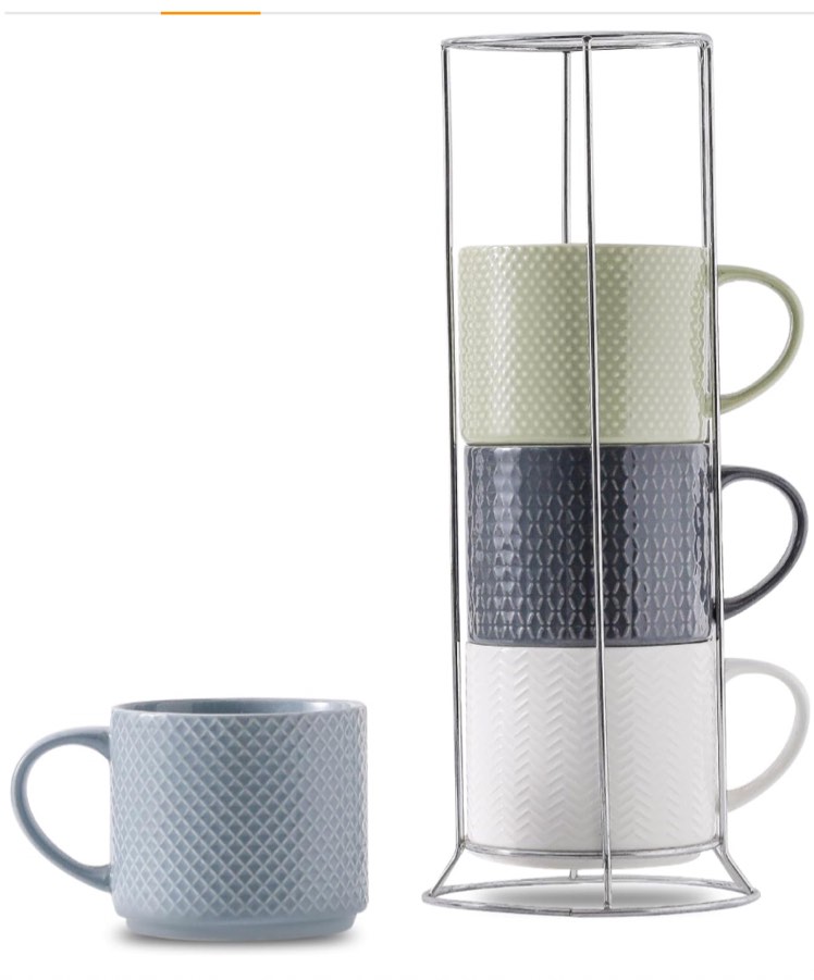 Tikooere Stackable Coffee Mugs with Stand, 15 Ounce Ceramic Embossed Mugs Set of 4 for Coffee, Latte, Tea, Cute Porcelain Cups for Christmas Gift, Dishwasher & Microwave Safe, Multi Color