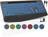 Wireless Keyboard and Mouse Combo with 7 Colored Backlits, Wrist Rest, Rechargeable Ergonomic Keyboard with Phone Holder, Silent Lighted Full Size Combo for Window, MacBook, PC, Laptop