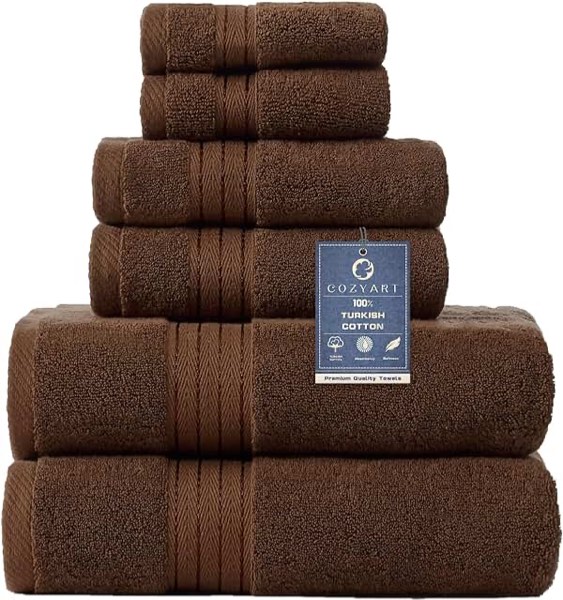 COZYART brown  Bath Towels Set, Turkish Cotton Hotel Large Bath Towels Bulk for Bathroom, Thick Bathroom Towels Set of 6 with 2 Bath Towels, 2 Hand Towels, 2 Washcloths, 650 GSM
