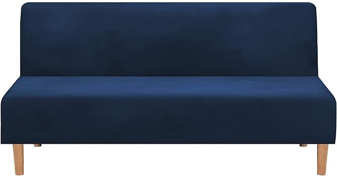 MIFXIN Armless Sofa Bed Cover Stretch Futon Slipcover Velvet Thick 3 Seat Full Folding Sofa Couch Futon Furniture Protector Cover Without Armrests (Velvet Blue-Deep)