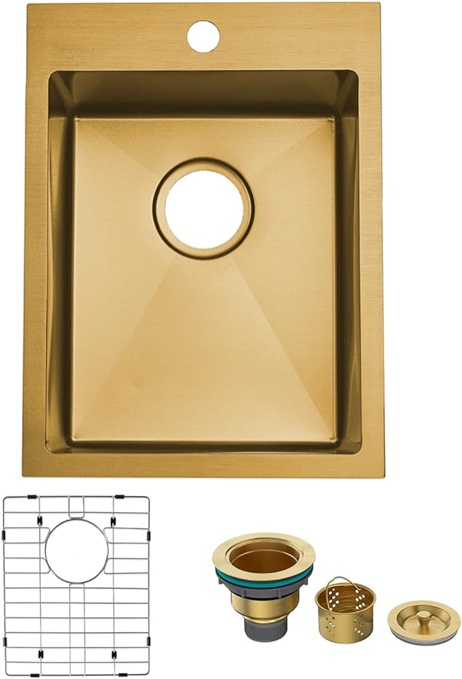 SHACO Gold 15 x 20 Inch Drop In Bar Sink, 16 Gauge Stainless Steel Topmount Small Kitchen Single Basin Sink for Wet Bar Prep RV Laundry with Dish Grid & Drain, 15x20 Gold Top Mount Bar Sink 15*20 Inches Gold