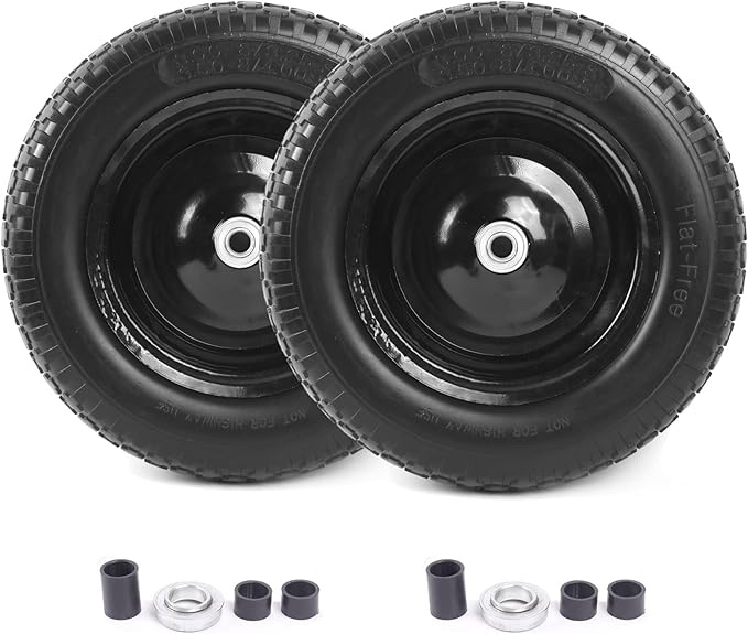 2-PACK) 4.80/4.00-8" Flat Free Tire and Wheel - Universal Fit 14.5" Solid Wheelbarrow Tires with 3" Hub and 5/8" Bearings – Extra Adapter kit includes 3/4" Ball Bearings, 1" and 1/2" Nylon Spacers