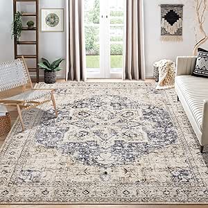 Area Rug Living Room Rugs - 9x12 Washable Boho Rug Vintage Oriental Distressed Farmhouse Large Thin Indoor Carpet for Living Room Bedroom Under Dining Table Home Office - Cream Blue