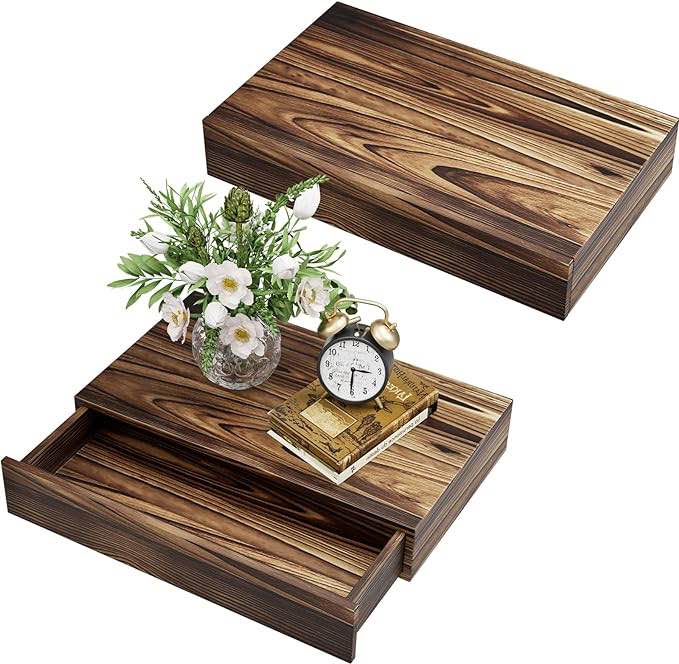 2 Packs Rustic Wood Floating Shelf with Drawer, Stylish Wall Mounted Nightstand for Bedroom, Living Room, Kitchen, Space-Saving Design, Ideal Storage Solution  24 in