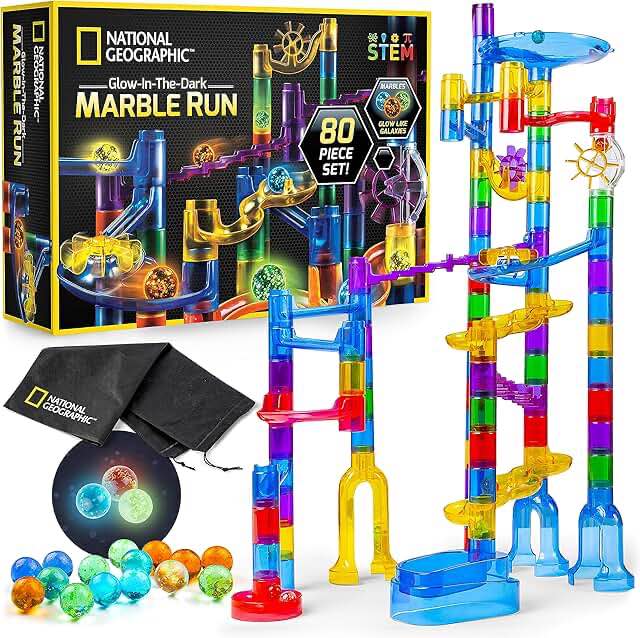 NATIONAL GEOGRAPHIC Glowing Marble Run – Construction Set with 15 Glow in the Dark Glass Marbles & Storage Bag, STEM Gifts for Boys and Girls, Building Project Toy (Amazon Exclusive) Glowing Small