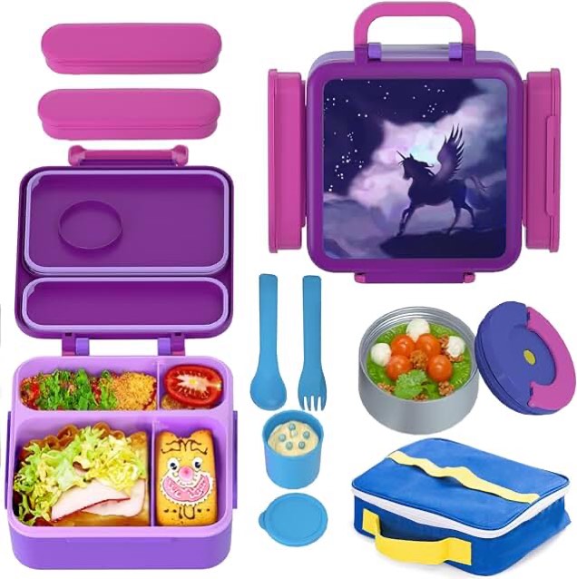 HAIXIN Bento Box for Kids - Insulated Lunch Box with Thermos for Hot Food, Leak-proof Lunch Box with Cutlery and Snack Box, 4-Compartments Lunch Container for School Outdoors Office (Purple)