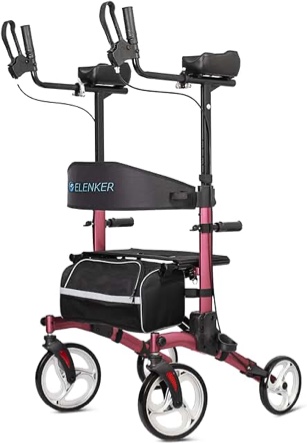ELENKER All-Terrain Upright Rollator Walker, Stand up Rolling Walker with Seat, 12â€? Non-Pneumatic Tire Wheels, Compact Folding Design for Seniors, Red
