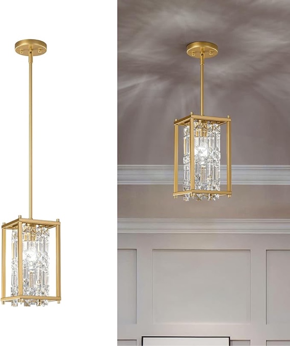 LMQNINE Dining Room Light Fixture Semi Flush Mount Ceiling Light Fixture,Lndustrial Farmhouse Chandelier Gold Metal Crystal Pendant Light for Hallway Balcony Kitchen Island (S