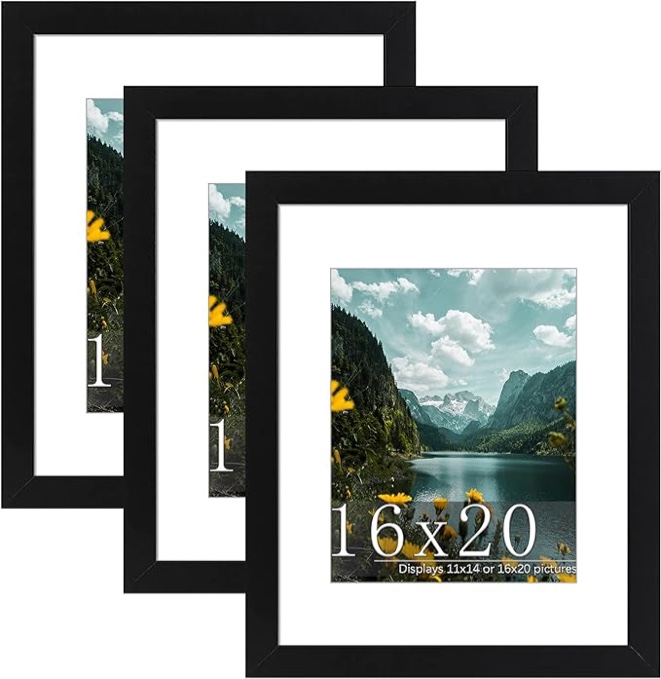Picrit 16x20 Picture Frame 3 Pack, Black Poster Frame, Display Poster 11 x 14 with Mat or 16 x 20 Without Mat for Horizontal or Vertical Wall Mounting Black 16x20