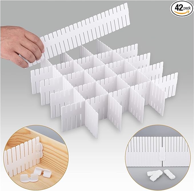 Momoi 42Pcs Drawer Dividers,Adjustable Drawer Organizer with Fixed Buckle,14.9in*4.33in,Drawer Organizer for Socks, Underwear, Makeup, Kitchen, Bedroom, Dresser,White(38 * 11cm 42PCS) 38*11cm 42PCS
