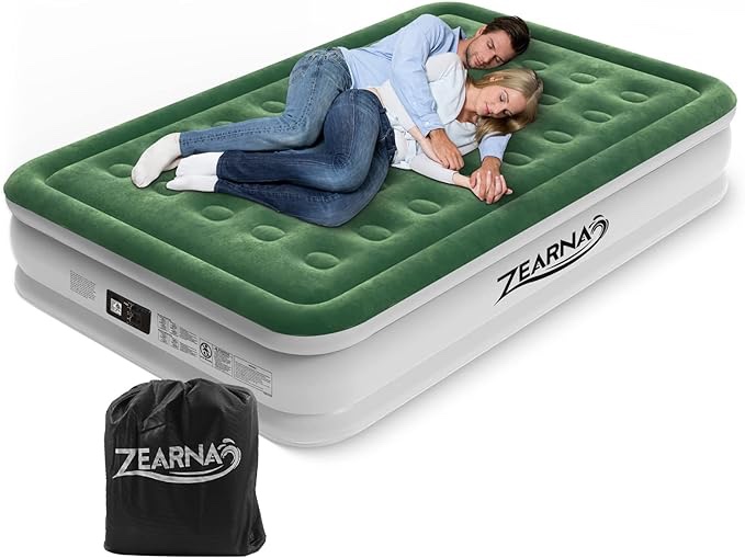 Zearna Queen Air Mattress with Built-in Pump for Home, Camping & Guests - 16'' Queen Size Inflatable Airbed Double High Adjustable Blow Up Mattress, Durable Portable Waterproof