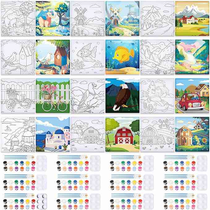 Yeaqee 36 pcs Pre Draw Canvas Printed Canvas to Paint Canvas Set with 12 Paints 12 Brushes and 12 Palette Paint Set Canvas Board Set Birthday Gift for Paint Party Favor Artists and Beginner
