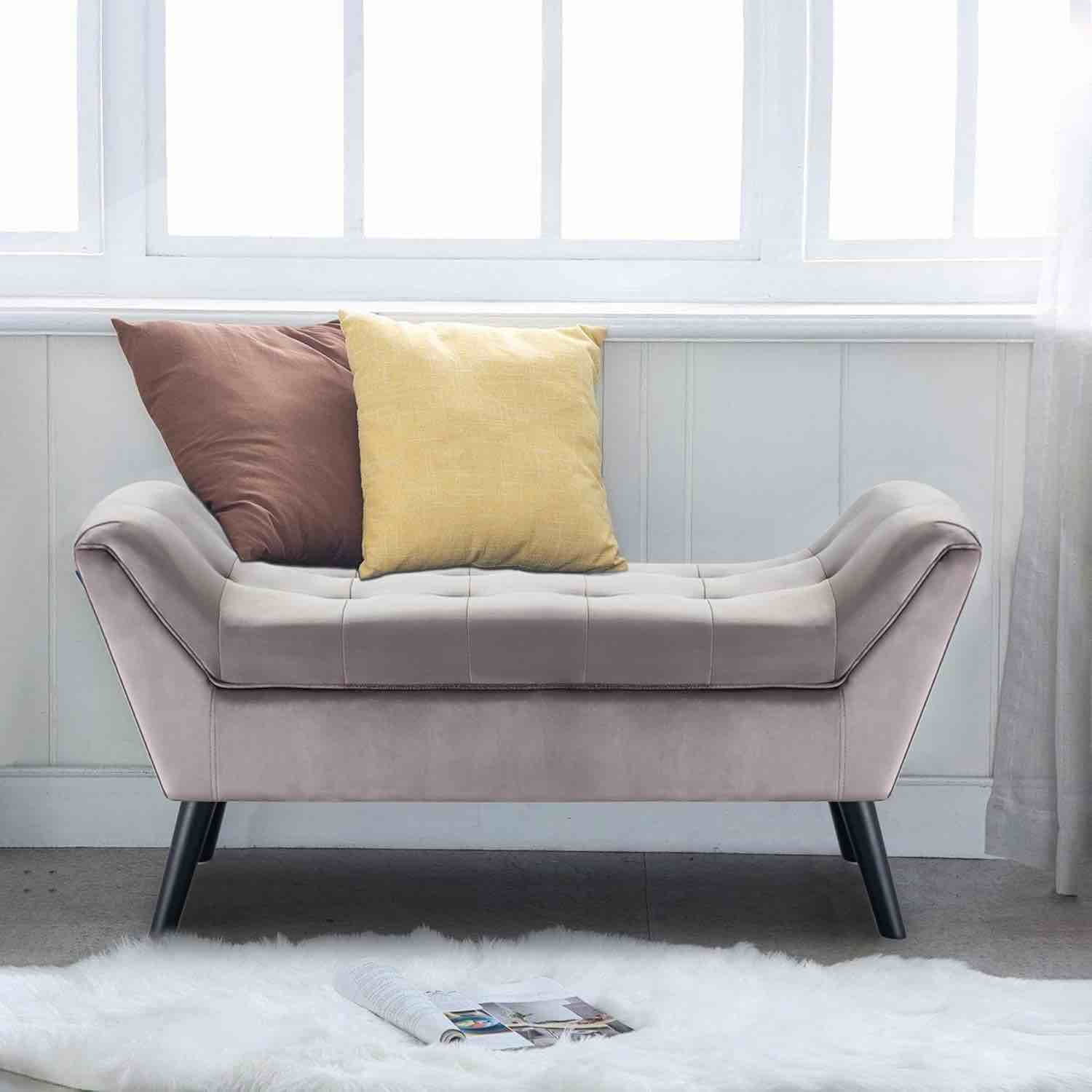 46" End of Bed Velvet Bench, Modern Upholstere Tufted Bench for Bedroom, Entryway Ottoman Bench with Arms, Grey