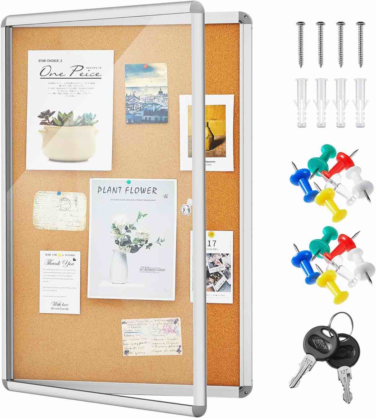 Locking Bulletin Board Tamperproof Lockable Cork Noticeboard Outdoor Enclosed Cork Bulletin Board Weatherproof Display Cases with Aluminum Frame Notice Poster Memo Board (Yellow,36 x 24 Inch)