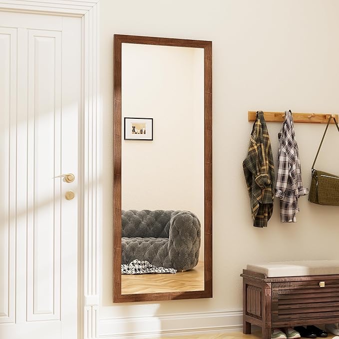 Door Mirror, 48'' x 18'' Wooden Full Length Mirror Over The Door, Hanging Mirror, Rectangular Wall Mirror, Wall Mounted/Hanging/Leaning, Home Decor, Retro Brown