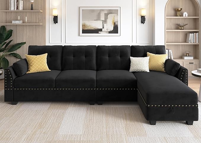 HONBAY Velvet Convertible Sectional Sofa L Shaped Couch with Storage Ottoman Reversible Sectional Couch Sofa for Small Space,Black (Incomplete// 1 piece Only )