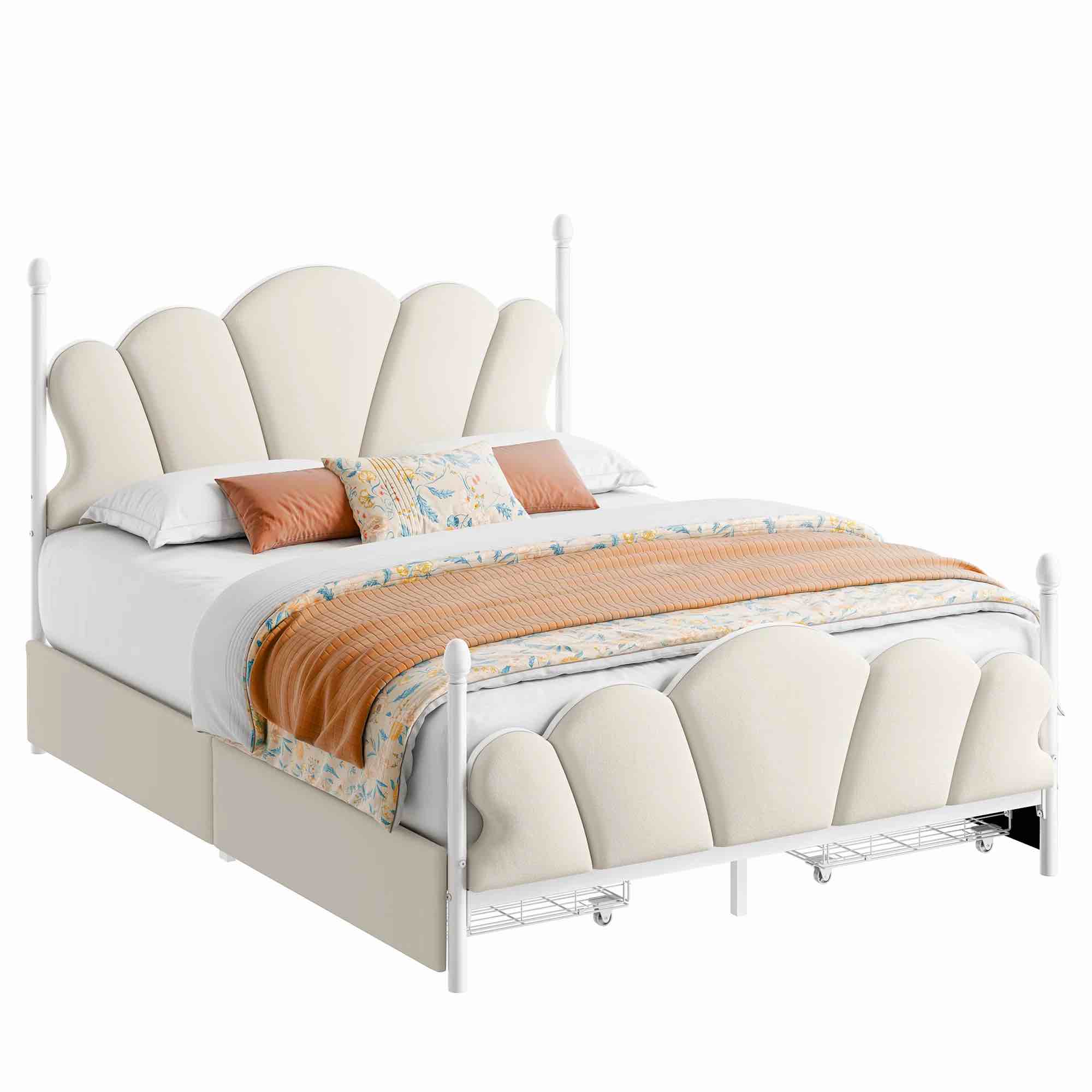 Beige/White Pacer Upholstered Storage Bed With 4 Drawers & Adjustable Headboard King Size