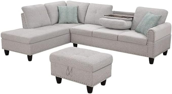 Sophisticated Simplicity Sectional Sofa with Ottoman, Living Room Set, Left Facing Chaise, 2 Cup Holders, 2 Throw Pillows, Tufted Back and Seat - 99.5" D x 67" W x 32" H Light Gray ( Incomplete//Sofa Only )
