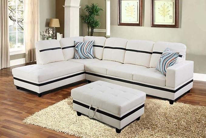 Sectional Sofa Furniture Set, Living Room Sofa Set, Leather Sectional Sofa, 3 Pieces Sofa Set (F09514, Ivory White & Black, Left Hand) ( Left Chaise Only )