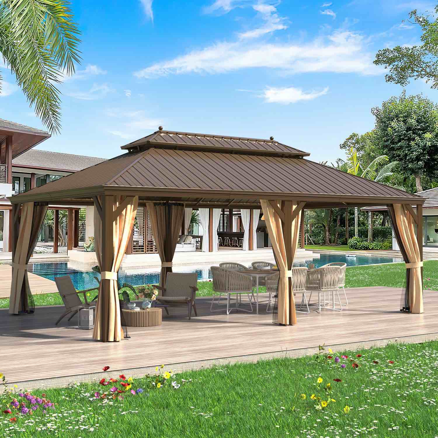 EROMMY 14' X 22' Hardtop Gazebo Aluminum Frame Gazebo With Galvanized Steel Double Roof, Curtain And Netting Included (Box 2 Of 6) 