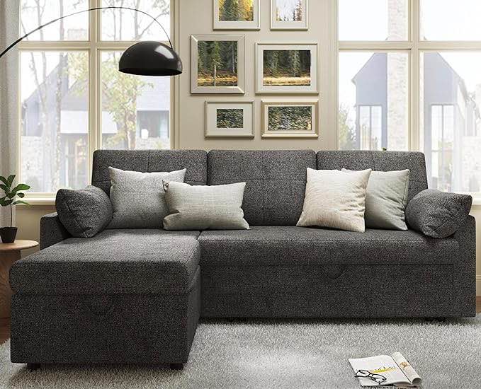 Sleeper Sofa, Sofa Bed- 2 in 1 Pull Out Couch Bed with Storage Chaise for Living Room, Sofa Sleeper with Pull Out Bed, Grey Linen Couch ( Box 1 Of 2)  Similar To Stock Photo 